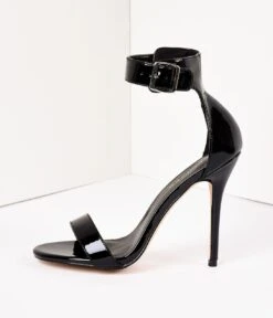 PLEASER Retro Style Black Patent Ankle Strap Sandal Pumps -Pleaser Clothing Store retro style black patent ankle strap sandal pumps 479489