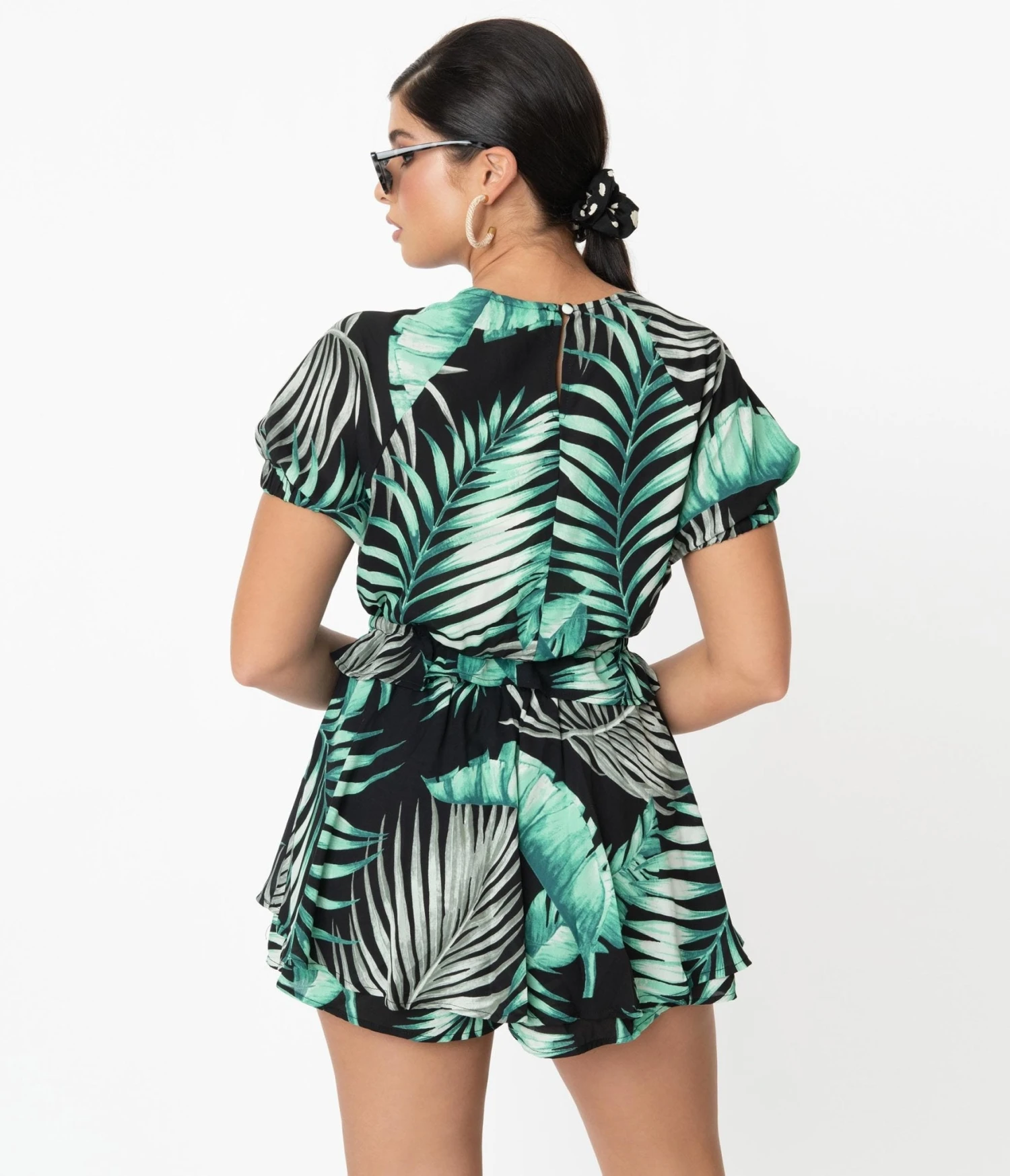 Retro Style Green & Black Palm Print Tropical Skort 3 Retro Style Green & Black Palm Print Tropical Skort - Image 3