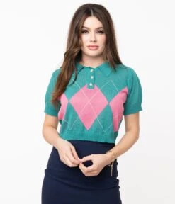 Retro Style Teal & Pink Argyle Sweater Crop Knit -Pleaser Clothing Store retro style teal pink argyle sweater crop knit 147522