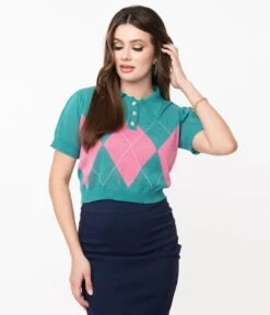 Retro Style Teal & Pink Argyle Sweater Crop Knit -Pleaser Clothing Store retro style teal pink argyle sweater crop knit 501326