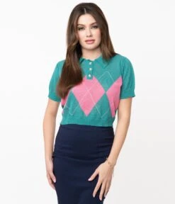 Retro Style Teal & Pink Argyle Sweater Crop Knit -Pleaser Clothing Store retro style teal pink argyle sweater crop knit 900308