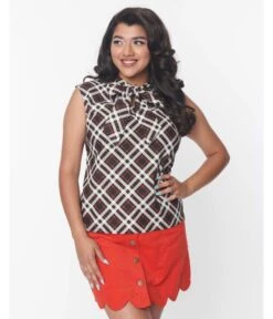 Retrolicious Black & Orange Plaid Bow Top -Pleaser Clothing Store retrolicious black orange plaid bow top 352489