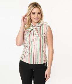 Retrolicious Candy Cane Stripe Bow Blouse -Pleaser Clothing Store retrolicious candy cane stripe bow blouse 310461