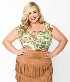 Retrolicious Green & Tan Mod Floral Top