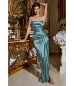 Cinderella Divine Robin Blue Draped Satin Slit Bridesmaid Dress