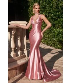 Cinderella Divine Rose Glitter Satin Plunging Mermaid Gown