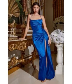 Cinderella Divine Royal Blue Draped Satin Slit Bridesmaid Dress