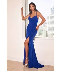 Cinderella Divine Royal Blue Glitter Lace Up Back Prom Dress