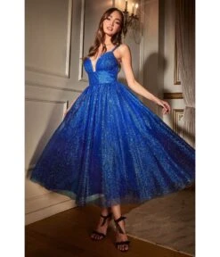Cinderella Divine Royal Blue Glitter Sleeveless Tea Length Ball Gown -Pleaser Clothing Store royal blue glitter sleeveless tea length ball gown 514360