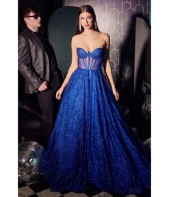 Cinderella Divine Royal Blue Glitter Strapless Corset Prom Gown