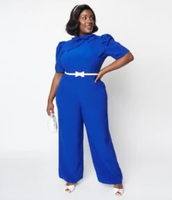 Royal Blue Rica Suave Tie Neck Jumpsuit -Pleaser Clothing Store royal blue rica suave tie neck jumpsuit 558612