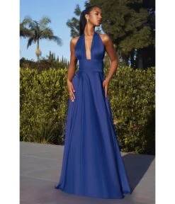 Cinderella Divine Royal Blue Satin Convertible Halter Evening Gown