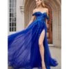 Cinderella Divine Royal Blue Sequin Applique Off The Shoulder Tulle Evening Gown
