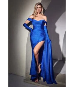 Cinderella Divine Royal Blue Shimmering Off The Shoulder Bridesmaid Dress With Gloves