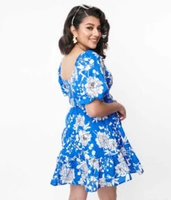 Royal Blue & White Floral Puff Sleeve Flare Dress -Pleaser Clothing Store royal blue white floral puff sleeve flare dress 579049