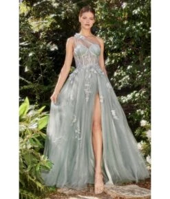 Cinderella Divine Sage Floral Applique One Shoulder Leila Evening Gown