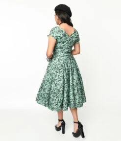 Sage Green & Green Floral Cosmopolitan Swing Dress -Pleaser Clothing Store sage green green floral cosmopolitan swing dress 846751