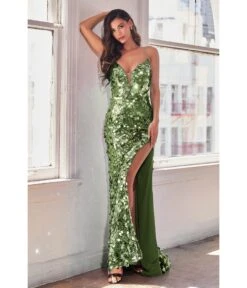 Cinderella Divine Sage Pailllette Sequin Sheath Evening Gown