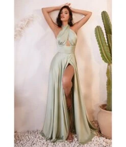 Cinderella Divine Sage Satin Convertible Halter Evening Gown