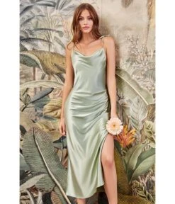 Cinderella Divine Sage Satin Slip Homecoming Midi Dress