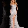 Jovani Silver Embroidered Corset & Ruffle Fringe Tiered Prom Dress