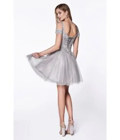 Cinderella Divine Silver Glitter Tulle Cold Shoulder Homecoming Dress