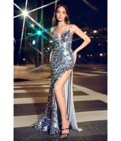 Cinderella Divine Silver Pailllette Sequin Sheath Evening Gown