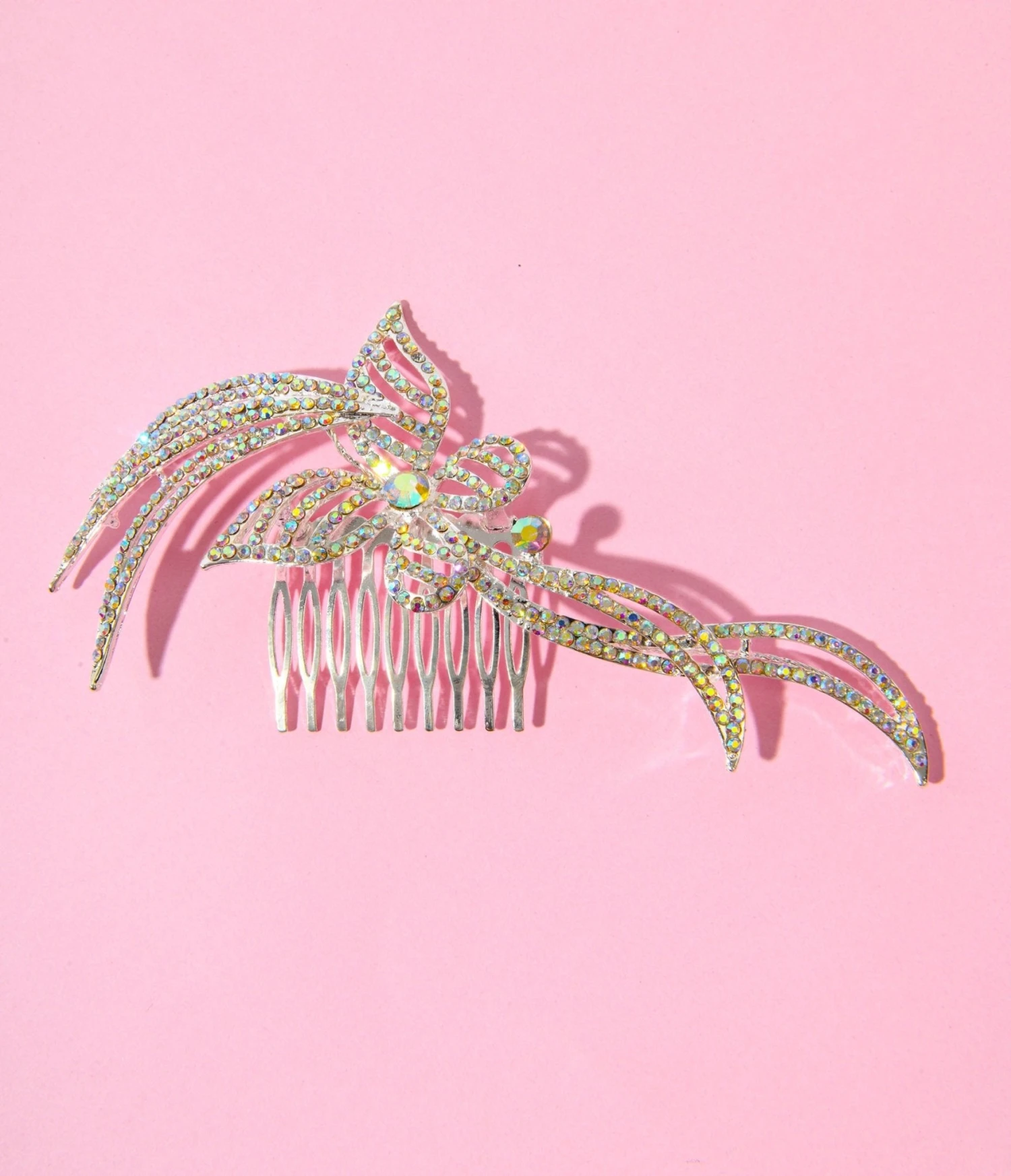 Silver & Rainbow Rhinestone Butterfly Tiara Hair Comb 3 Silver & Rainbow Rhinestone Butterfly Tiara Hair Comb - Image 3