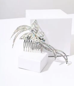 Silver & Rainbow Rhinestone Butterfly Tiara Hair Comb