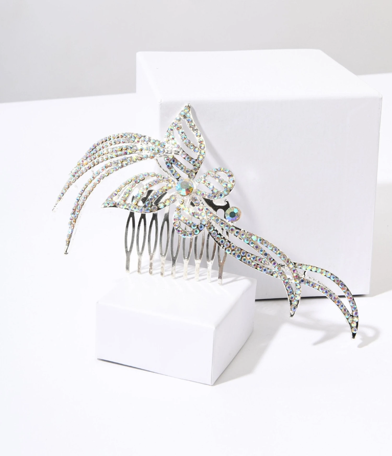 Silver & Rainbow Rhinestone Butterfly Tiara Hair Comb 1 Silver & Rainbow Rhinestone Butterfly Tiara Hair Comb