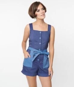Smak Parlor Blue Denim Contrast Waist Tied Romper -Pleaser Clothing Store smak parlor blue denim contrast waist tied romper 561109
