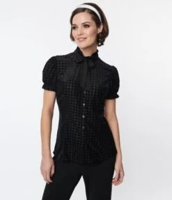 Smak Parlour Black Herringbone Burnout Ruffle Neck Blouse -Pleaser Clothing Store smak parlour black herringbone burnout ruffle neck blouse 484655