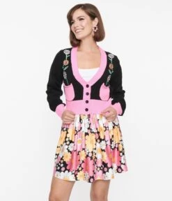 Smak Parlour Black & Pink Flower Pocket Cardigan -Pleaser Clothing Store smak parlour black pink flower pocket cardigan 405224