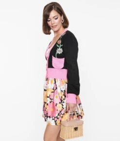 Smak Parlour Black & Pink Flower Pocket Cardigan -Pleaser Clothing Store smak parlour black pink flower pocket cardigan 683124