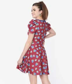 Smak Parlour Burgundy & Blue Strawberry Group Chat Flare Dress -Pleaser Clothing Store smak parlour burgundy blue strawberry group chat flare dress 354058