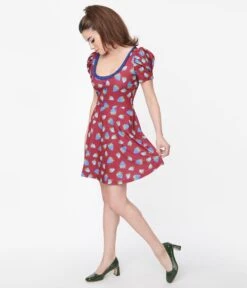 Smak Parlour Burgundy & Blue Strawberry Group Chat Flare Dress -Pleaser Clothing Store smak parlour burgundy blue strawberry group chat flare dress 714236