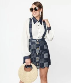 Smak Parlour Dark Denim Check Suspender Skirt -Pleaser Clothing Store smak parlour dark denim check suspender skirt 192962