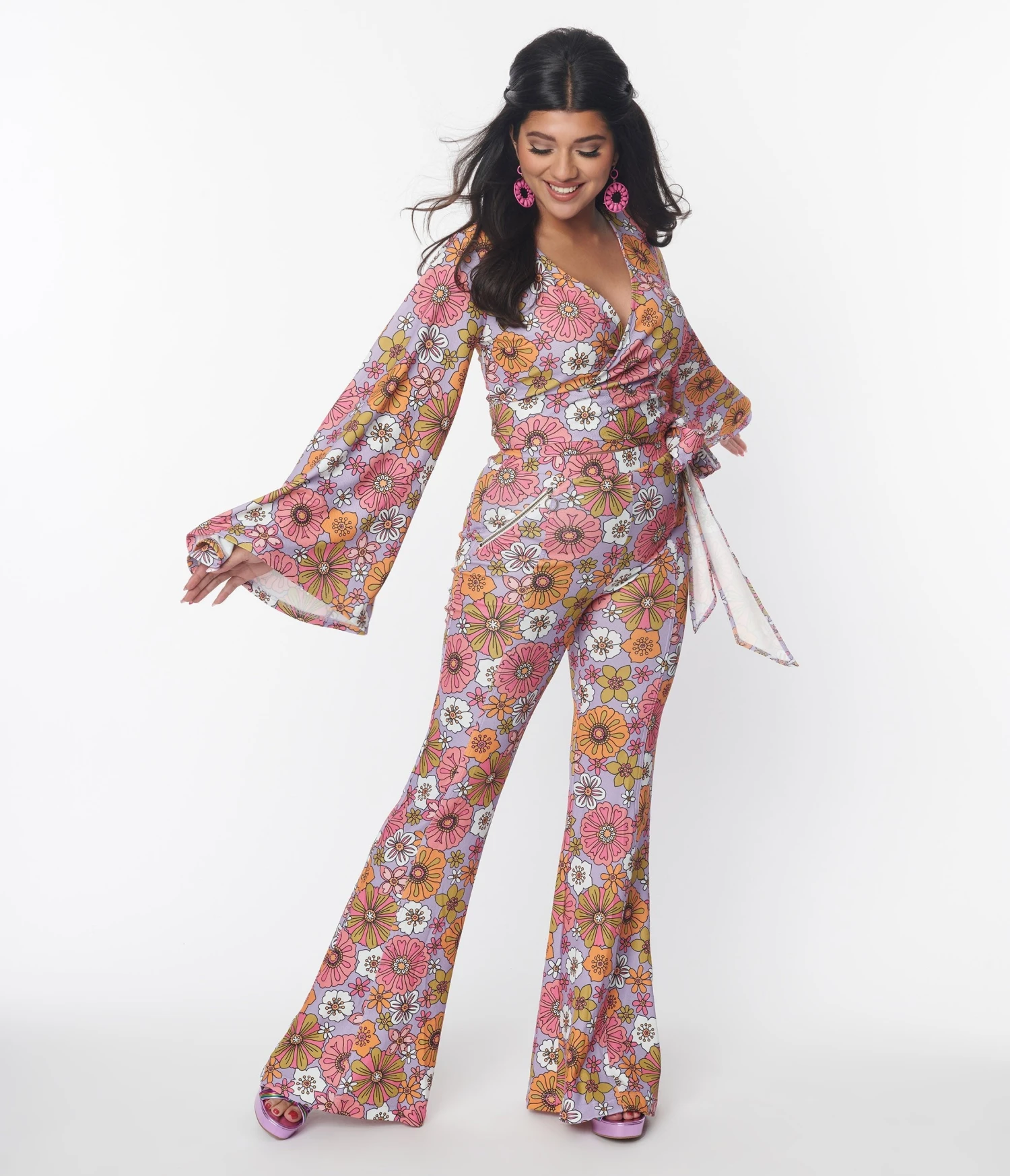 Smak Parlour Lavender Retro Bloom Zipper Pocket Flare Pants 1 Smak Parlour Lavender Retro Bloom Zipper Pocket Flare Pants