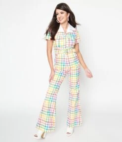 Smak Parlour Medium Rainbow Gingham Flare Jumpsuit -Pleaser Clothing Store smak parlour medium rainbow gingham flare jumpsuit 260902