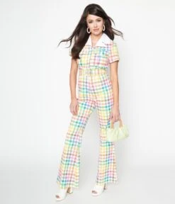 Smak Parlour Medium Rainbow Gingham Flare Jumpsuit -Pleaser Clothing Store smak parlour medium rainbow gingham flare jumpsuit 756050