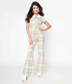 Smak Parlour Medium Rainbow Gingham Flare Jumpsuit