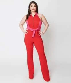 Smak Parlour Plus Size Red & Pink Heart Pocket Front Zip Halter Jumpsuit