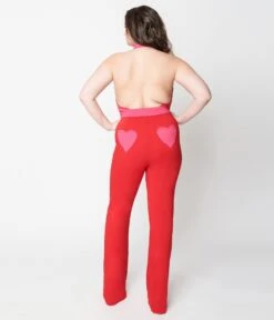 Smak Parlour Plus Size Red & Pink Heart Pocket Front Zip Halter Jumpsuit -Pleaser Clothing Store smak parlour plus size red pink heart pocket front zip halter jumpsuit 601207
