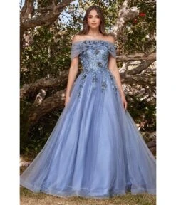 Cinderella Divine Smokey Blue Off The Shoulder Magical Glitter Prom Ball Gown