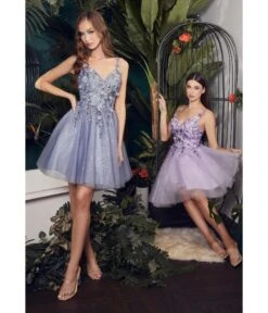 Cinderella Divine Smokey Blue Rhinestone 3D Floral & Tulle Flare Homecoming Dress