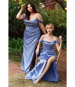 Cinderella Divine Smokey Blue Satin Off The Shoulder Corset Bridesmaid Gown -Pleaser Clothing Store smokey blue satin off the shoulder corset bridesmaid gown 166820