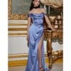 Cinderella Divine Smokey Blue Satin Off The Shoulder Corset Bridesmaid Gown