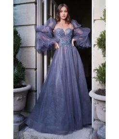 Cinderella Divine Smoky Blue Embroidered Corset Magical Puff Sleeve Ball Gown