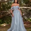 Cinderella Divine Smoky Blue Glitter Lace & Tulle Embellished Off The Shoulder Prom Gown