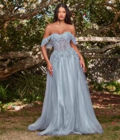 Cinderella Divine Smoky Blue Glitter Lace & Tulle Embellished Off The Shoulder Prom Gown